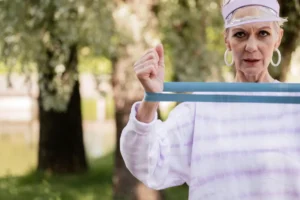 Caucasian senior woman working out with a resistance band in a park, showcasing healthy aging.