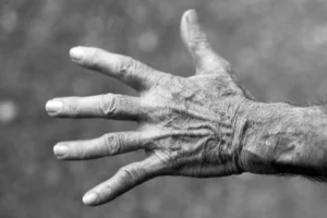A detailed black and white image of an elderly person's hand, showcasing texture and age.